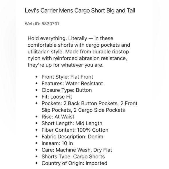 NWT-Levi’s-469 carrier cargo shorts-54-Tan-big and tall-sits below waist shorts. - Picture 4 of 16